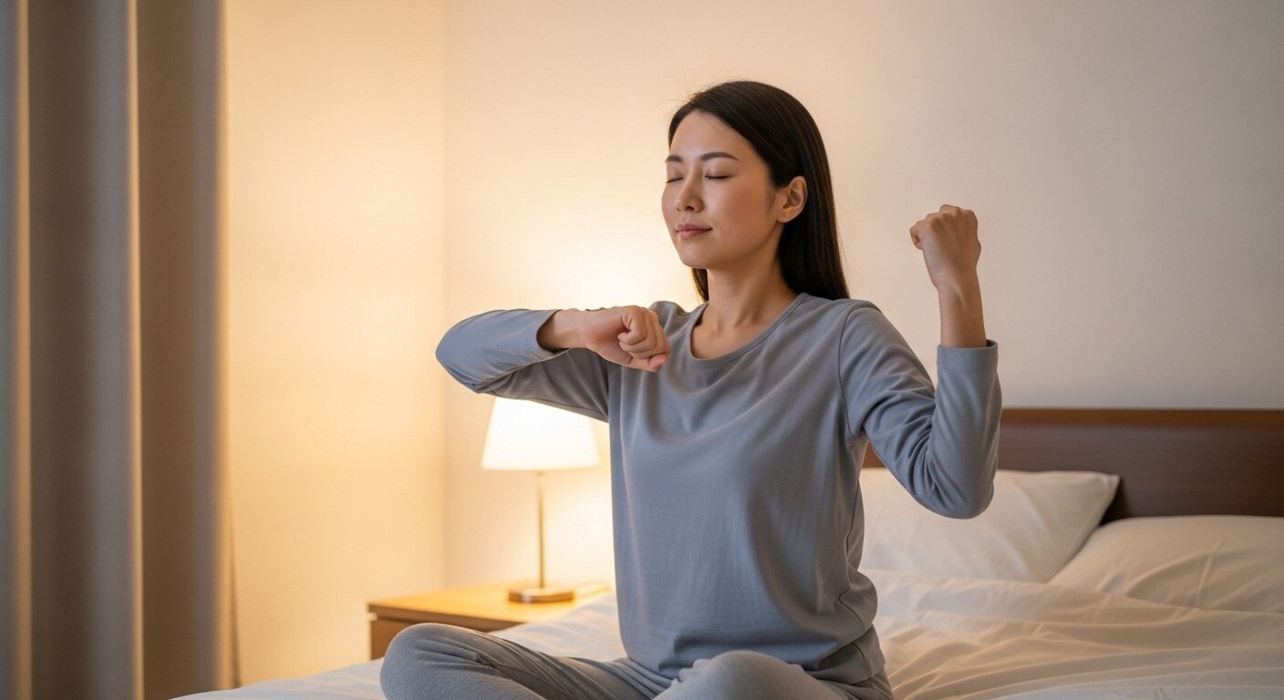 ベッドの上でストレッチをする女性