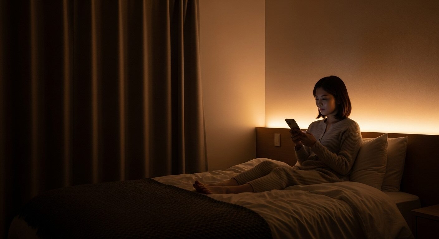間接照明をつけた寝室のベッドの上でナイトモードにしたスマホを操作する女性