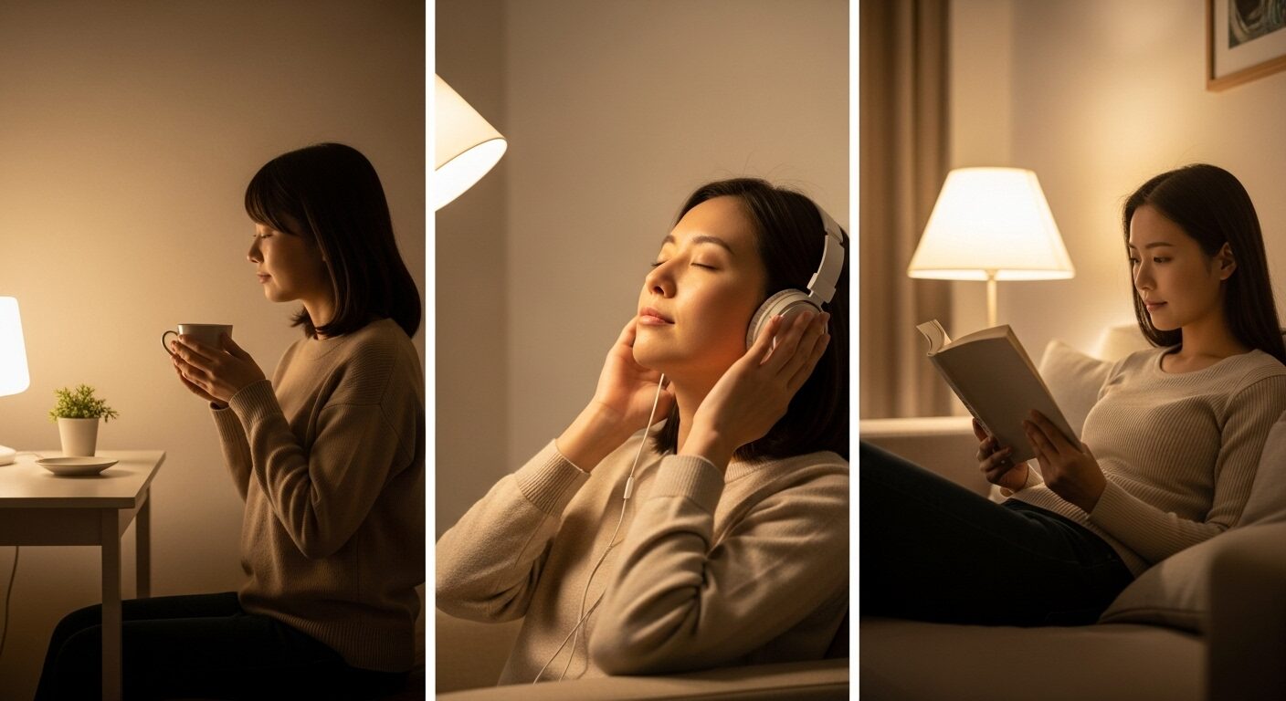 温かい飲み物を飲んだり、静かな音楽を聴いたり、軽い読書をする女性