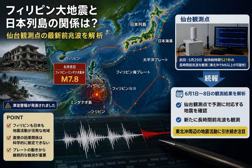 フィリピン大地震と日本列島の関係は？仙台観測点の最新前兆波を解析