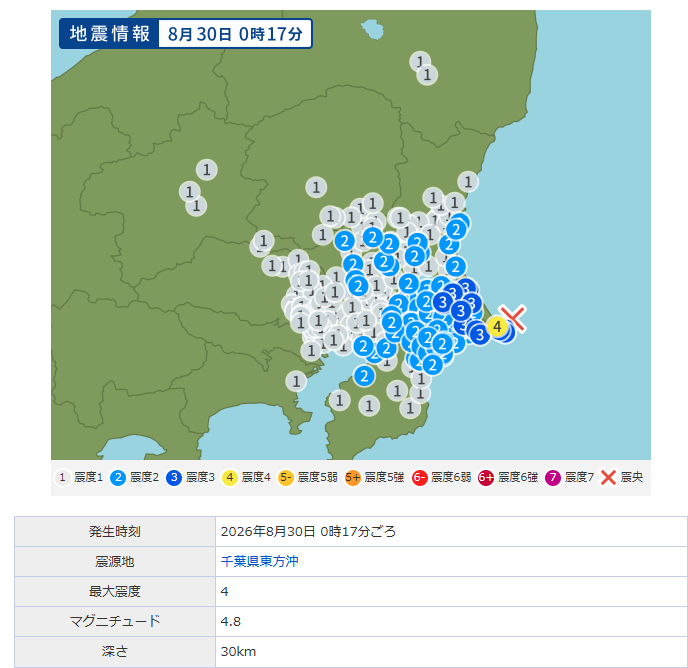 2026年8月30日に発生した千葉県東方沖M4.8の震源位置