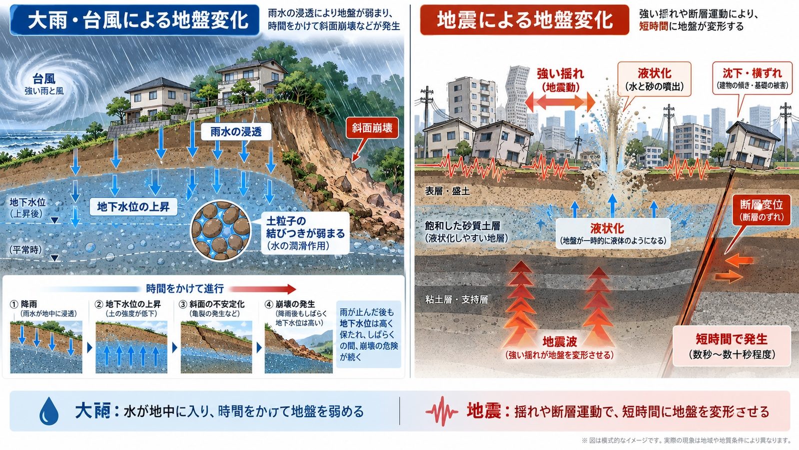 大雨・台風、地震による地盤変化のメカニズム